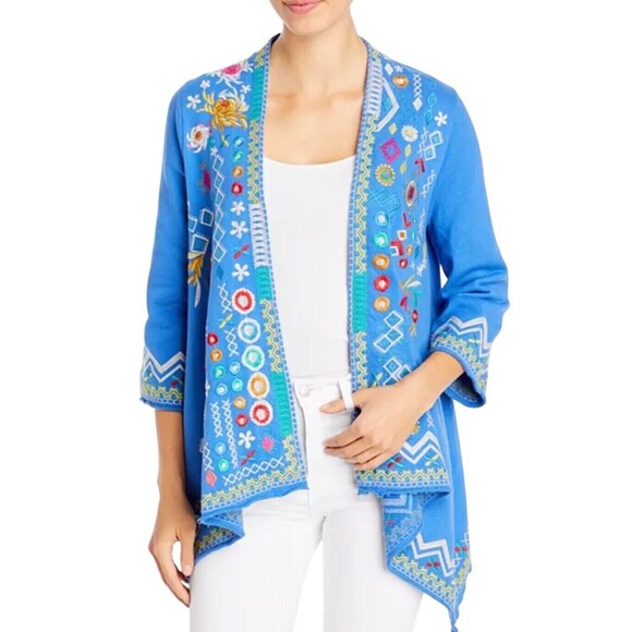 Johnny Was Blue Prisca Embroidered Draped Open Front Cardigan Size XXL - Picture 4 of 12